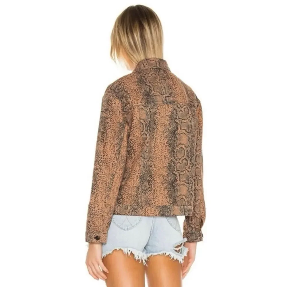 NWOT Free People Snake Trucker Jacket XS Brown Snakeskin Print Denim Cotton - Picture 6 of 14